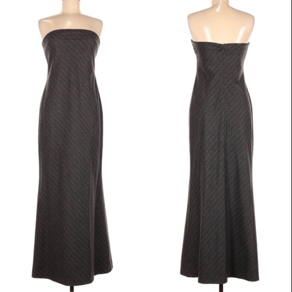 Ralph Lauren Black Label Gray Wool Pinstripe Strapless Gown Maxi Dress Size 6